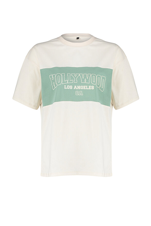 Stone 100% Cotton Color Blocked City Printed Oversize/Wide Cut Knitted T-Shirt TWOSS24TS00079 - 7