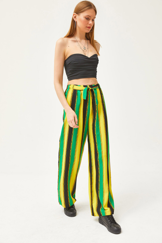 Women's Chain Yellow Patterned Woven Viscose Palazzo Pants PNT-19000264