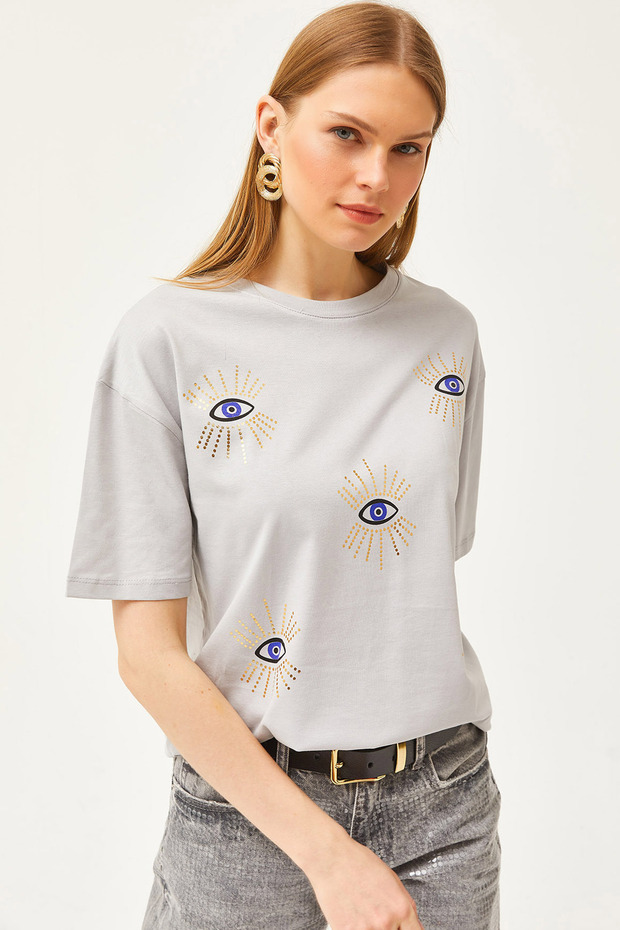 Women's Dolphin Gray Eye Printed Foil Detailed T-Shirt TSH-19000770
