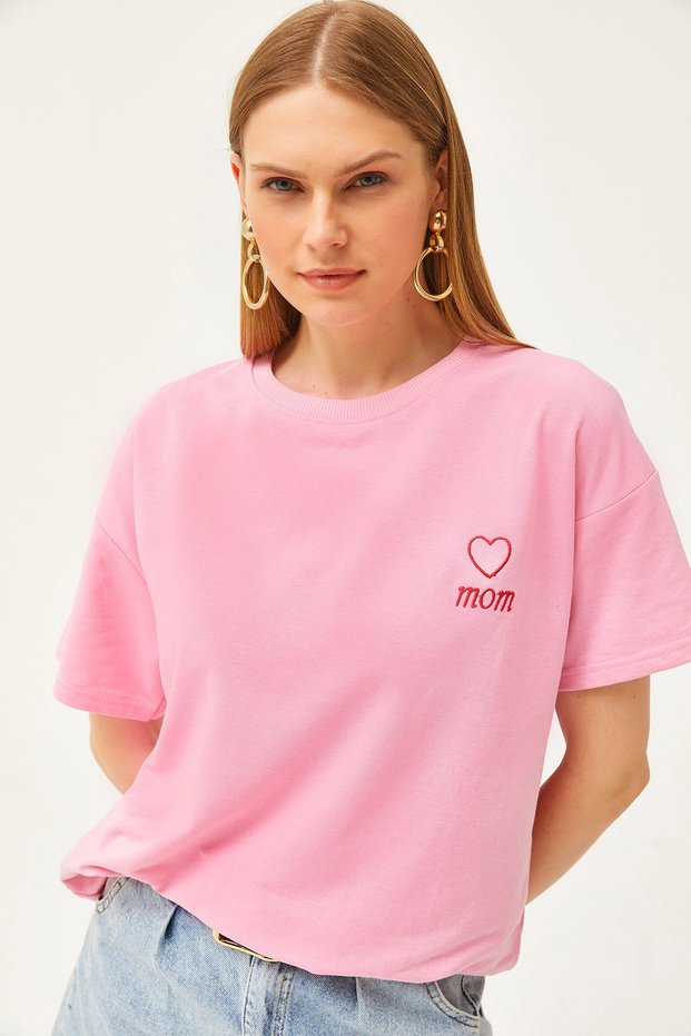 Women's Pink Mom Embroidered 2 Thread Oversize T-Shirt TSH-19000785