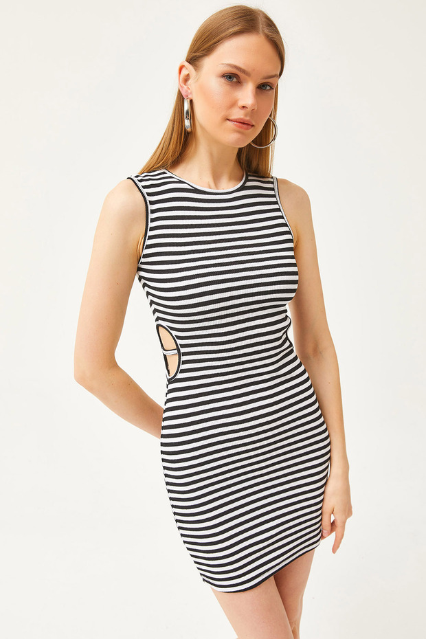 Women's Black and White Side Cut Out Detailed Lycra Mini Dress ELB-19001815