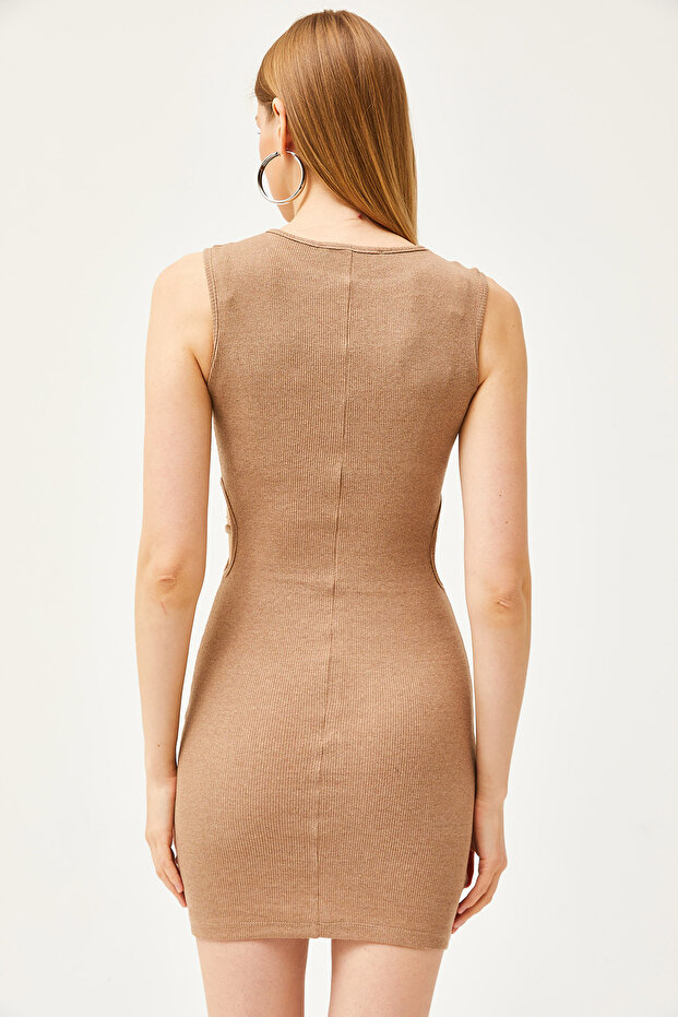 Kadın Camel Yanı Cut Out Detaylı Likralı Mini Elbise ELB-19001815 - 6