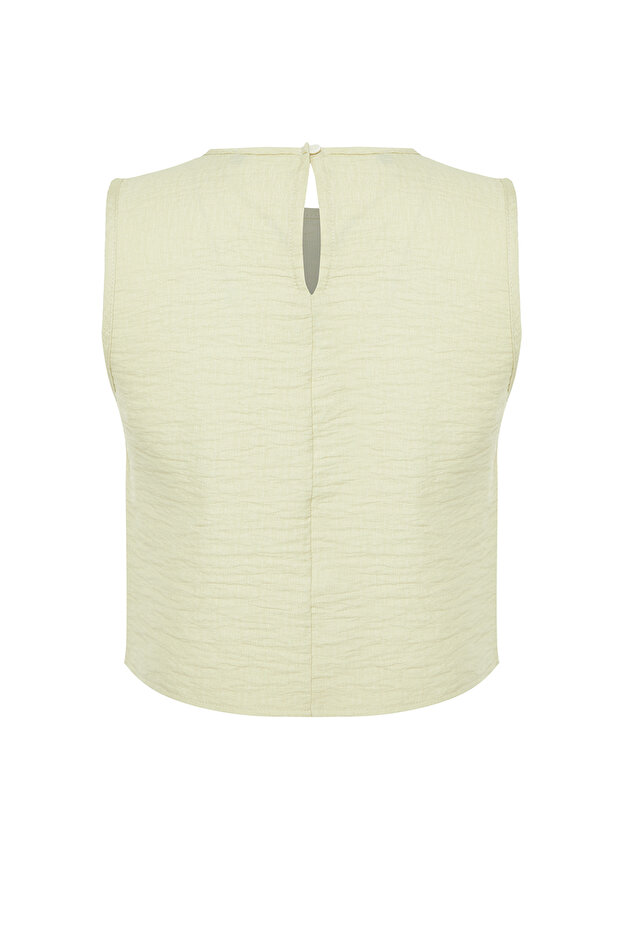 Açık Haki Kolsuz Crop Dokuma Keten Görünümlü Bluz TWOSS22BZ0246 - 8
