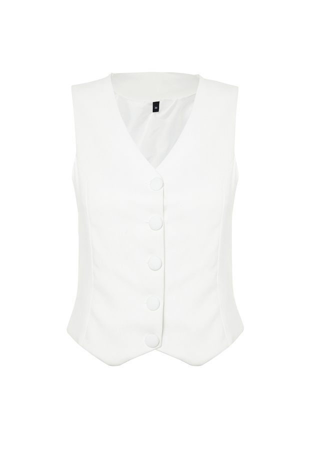 Beyaz Fitted Fitted Düğmeli Crop Dokuma Yelek TWOSS21YE0009 - 7