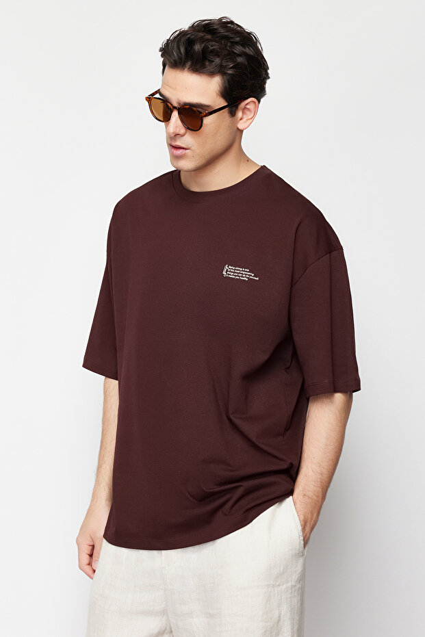 Oversize hnědé bavlněné tričko - Minimal TextT Print, TMNSS23TS00084 - 3