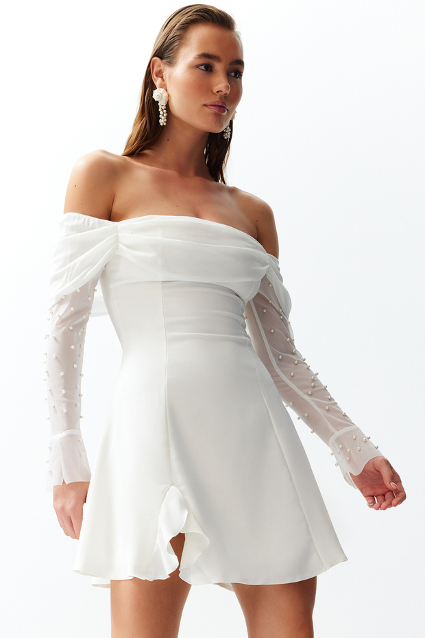 Bridal Beyaz A-Kesim Astarlı Dokuma Kısa Düğün/Nikah Abiye Gece Mezuniyet Elbisesi TPRSS24EL00117 - 8