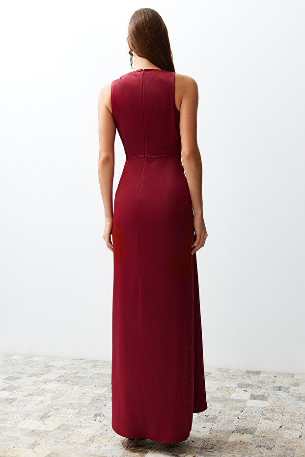 Bordo Dokuma Saten Uzun Gece Abiye Elbise TPRSS24AE00038 - 7