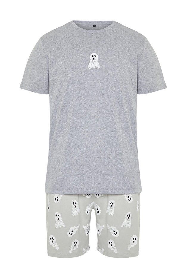 Gri Baskılı Regular Fit Örme Şortlu Pijama Takımı TMNSS24PT00024 - 7