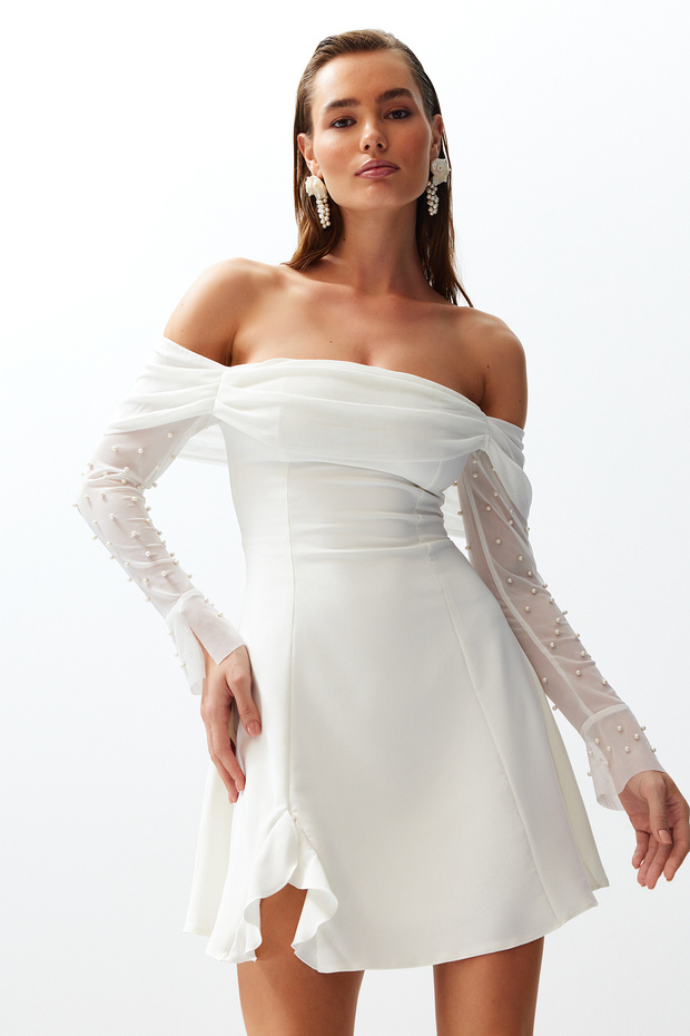Bridal Beyaz A-Kesim Astarlı Dokuma Kısa Düğün/Nikah Abiye Gece Mezuniyet Elbisesi TPRSS24EL00117 - 9