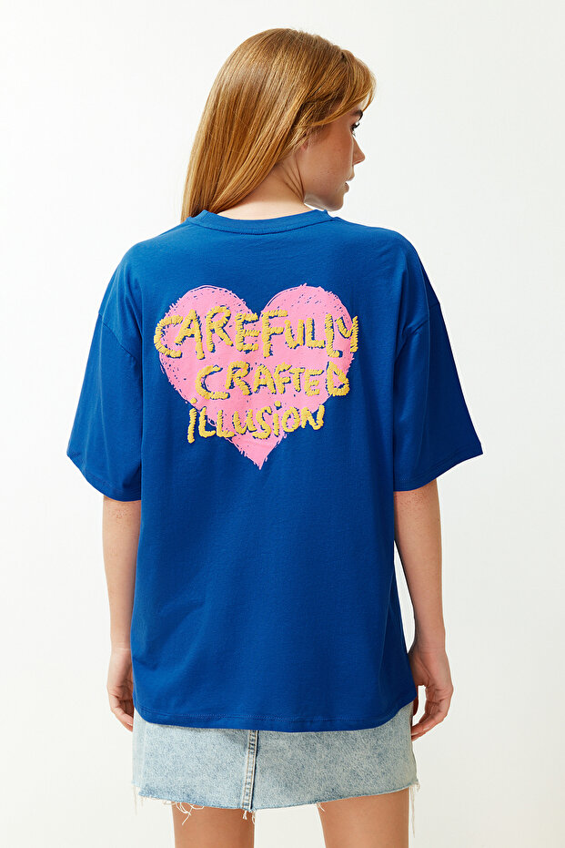 Saks %100 Pamuk Ön ve Arka Kabartma Baskılı Oversize/Geniş Kalıp Örme T-Shirt TWOSS23TS00355 - 4