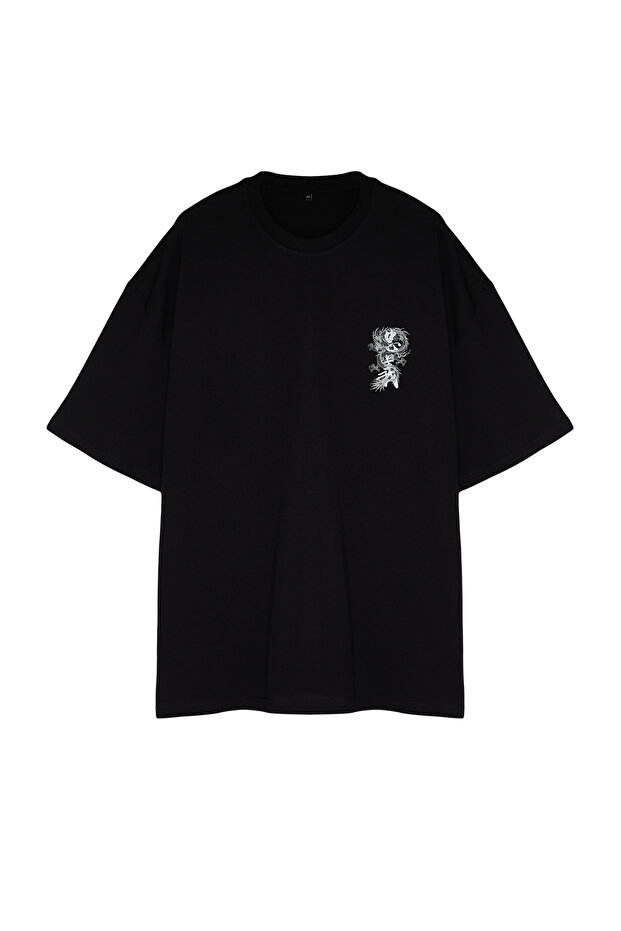 Büyük Beden Siyah Oversize/Geniş Kesim Uzak Doğu Baskılı %100 Pamuk T-shirt TMNSS24BF00032 - 8