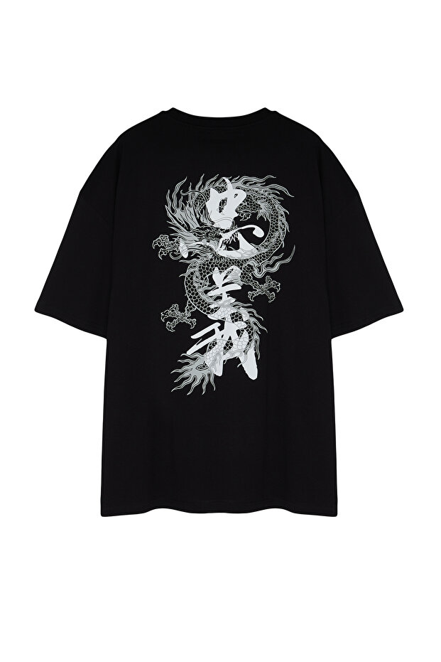 Büyük Beden Siyah Oversize/Geniş Kesim Uzak Doğu Baskılı %100 Pamuk T-shirt TMNSS24BF00032 - 7