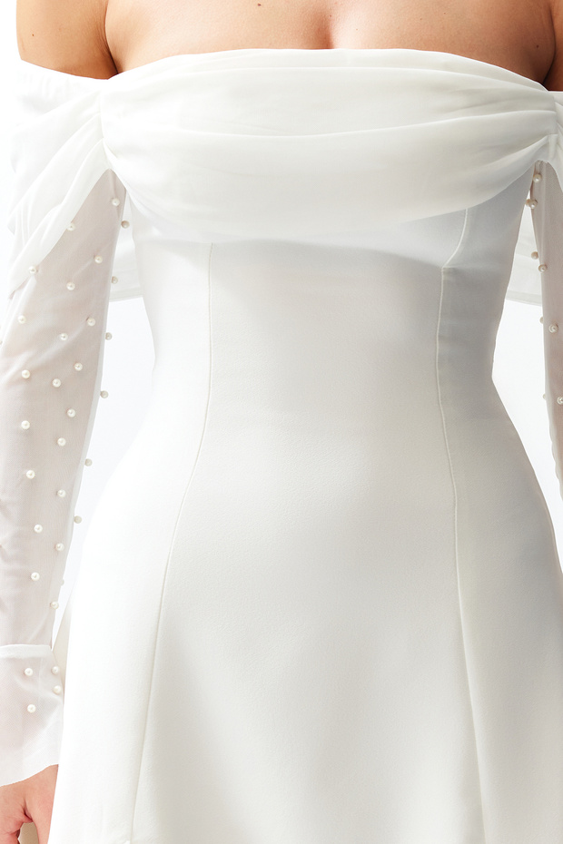 Bridal Beyaz A-Kesim Astarlı Dokuma Kısa Düğün/Nikah Abiye Gece Mezuniyet Elbisesi TPRSS24EL00117 - 11