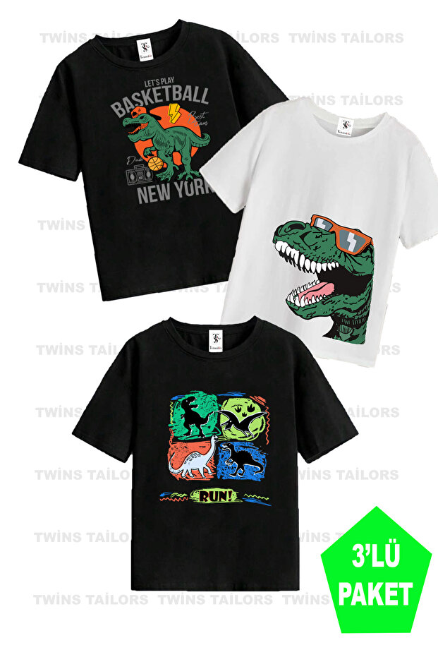 3 Pack Unisex White-Black-White Children's T-Shirt/T-Shirt with Dinosaur