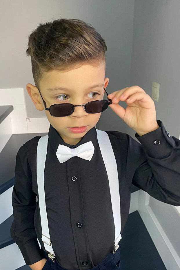 Men's Children's Long Sleeve Plain White Shirt Suspender Bow Tie 3-Piece Set NBL24