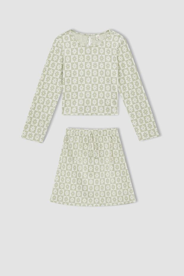 Kız Çocuk Çiçekli Uzun Kollu Bluz Etek 2'li Takım - 7