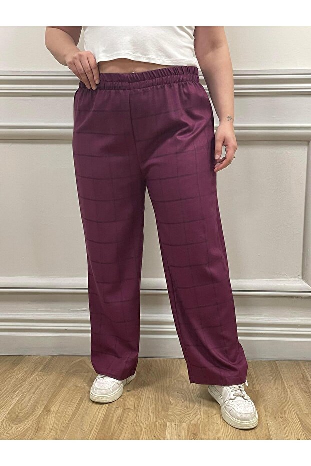 Plaid Patterned Claret Red Trousers - Small Size