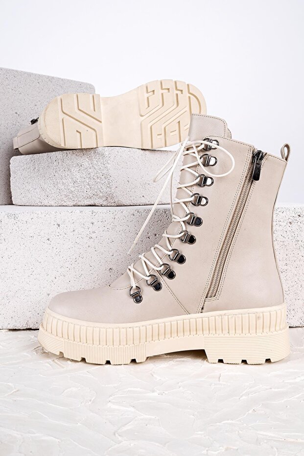 Array Kadın Kalın Taban Bağcıklı Bej Postal Bot - 2