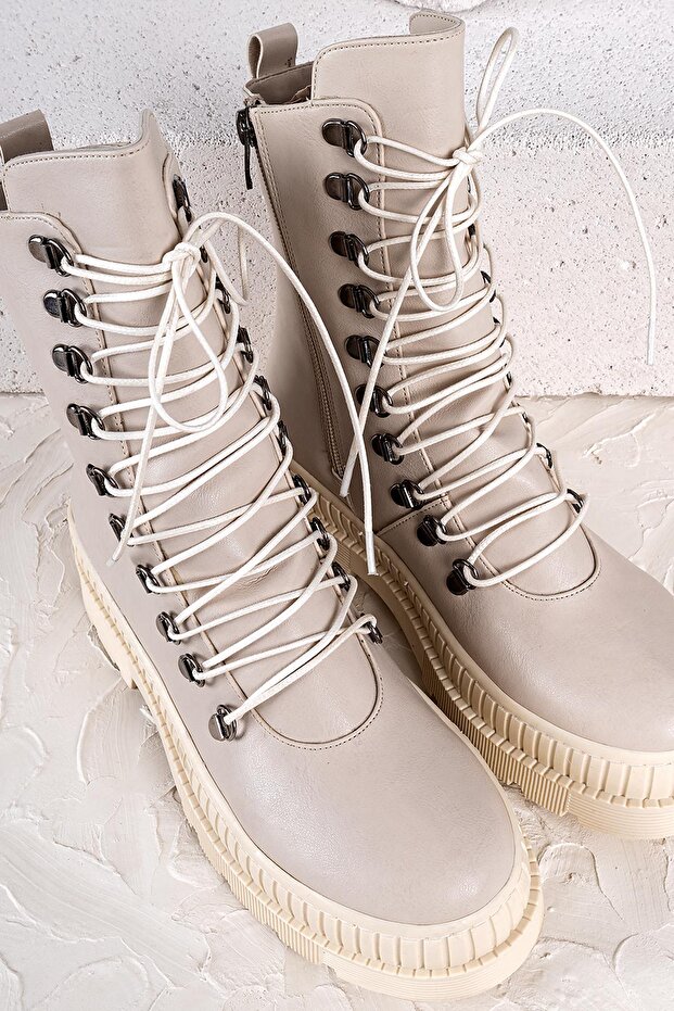 Array Kadın Kalın Taban Bağcıklı Bej Postal Bot - 4