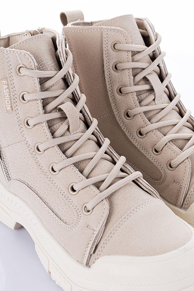 Nesvop Kadın Çift Fermuarlı Süet Bej Bot - 6