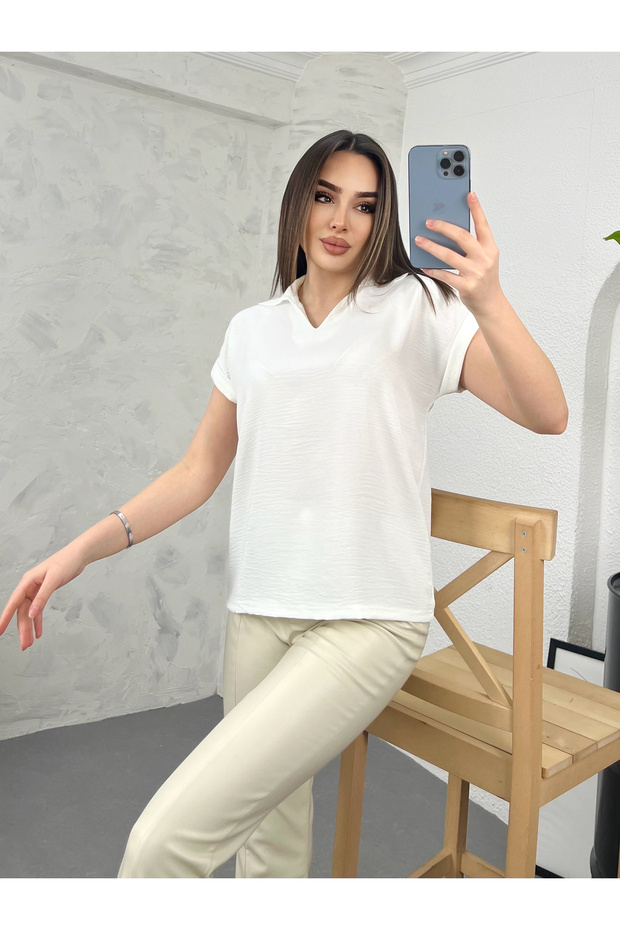Women's White V-Neck Collared Aerobin Blouse