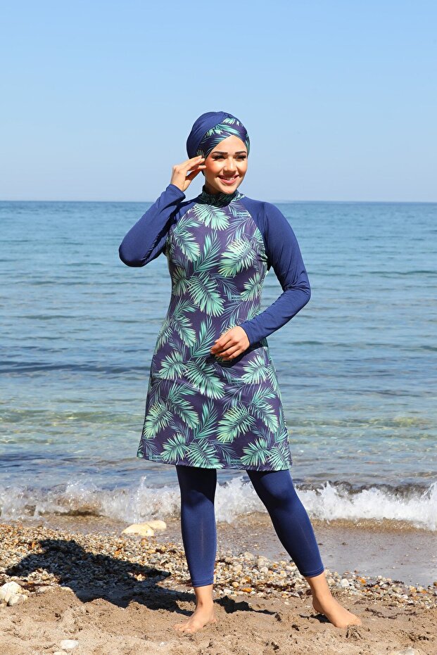 Tropical Pattern Covered Hijab Swimsuit with Tights 22412242