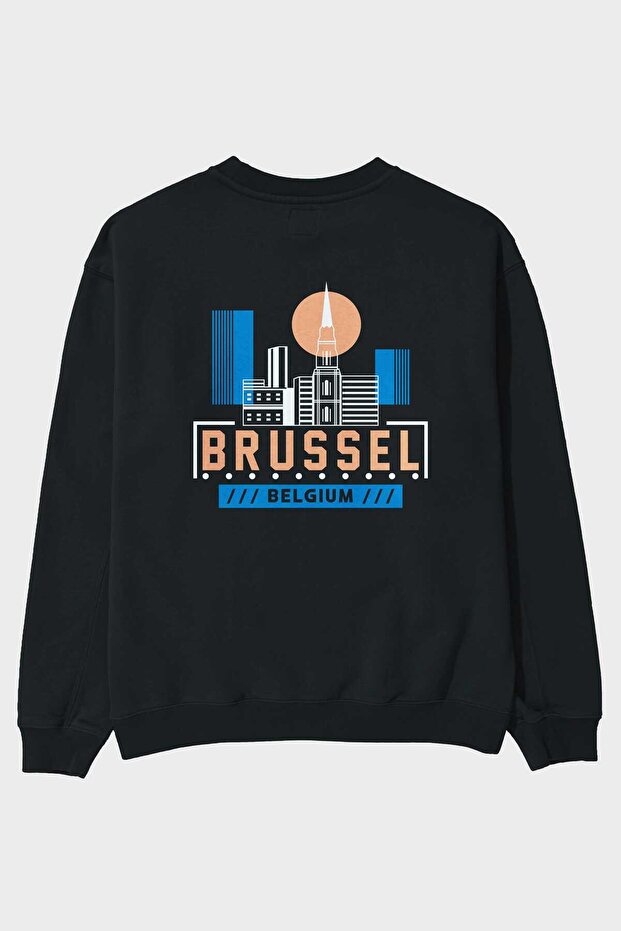 Brussels Back Printed Black Oversize Sweatshirt Men's Women's Crew Neck