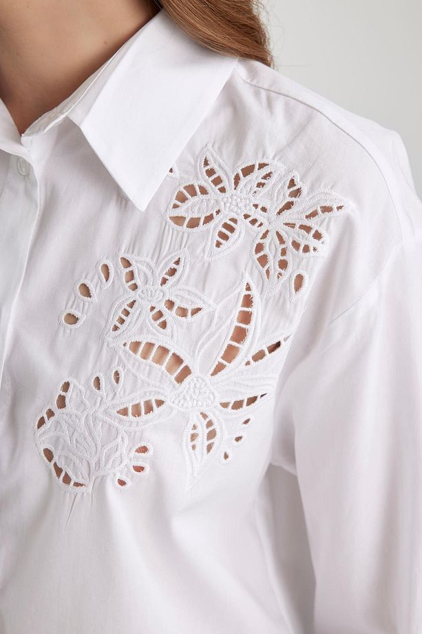 Oversize Geniş Kalıp Delikli Poplin Uzun Kollu Beyaz Gömlek C0061ax24sp - 5