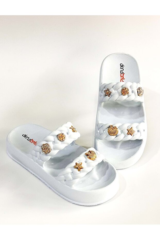 Akınalbella White Two Belt Accessories Daily Travel Eva Slippers - White - 40
