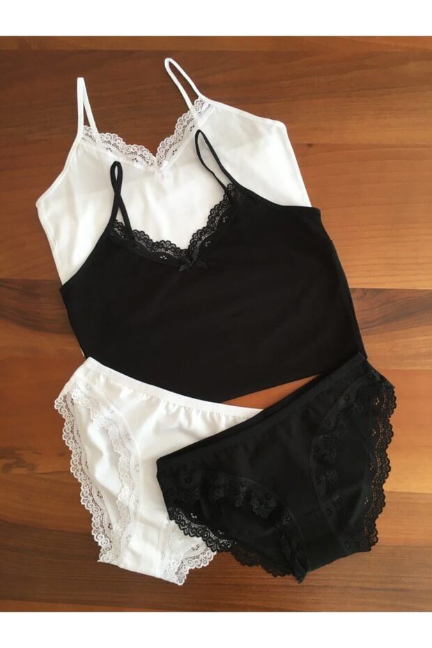 Women's Black and White 2 Pieces String Strapped Athlete Panties Set