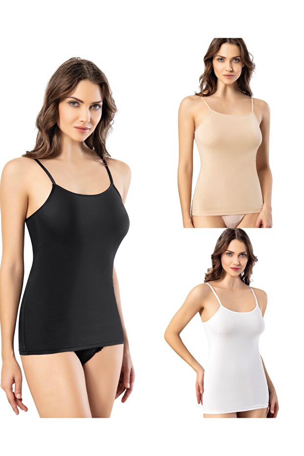 Women's 6-Pack Oval Collar (2 Black-2 White-2 Skin) Cotton Lycra Rope Strap Combed Cotton Tank Top