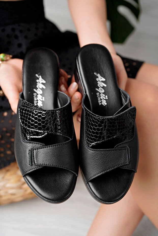 Women's Genuine Leather Black Slippers