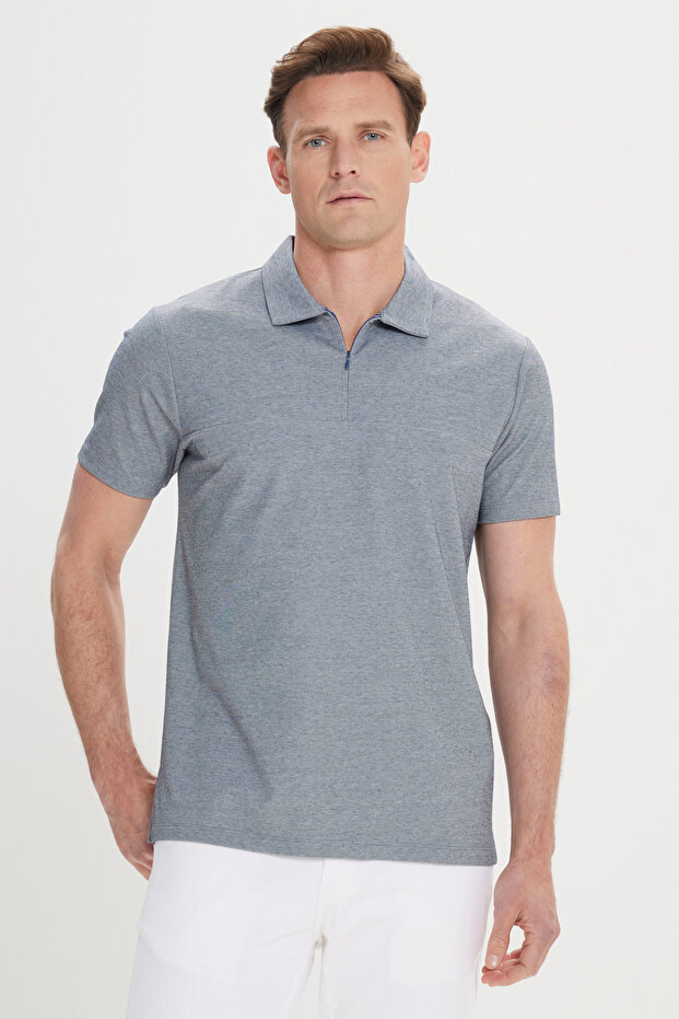 Erkek Lacivert Slim Fit Dar Kesim Pamuklu Polo Yaka Tişört - 3