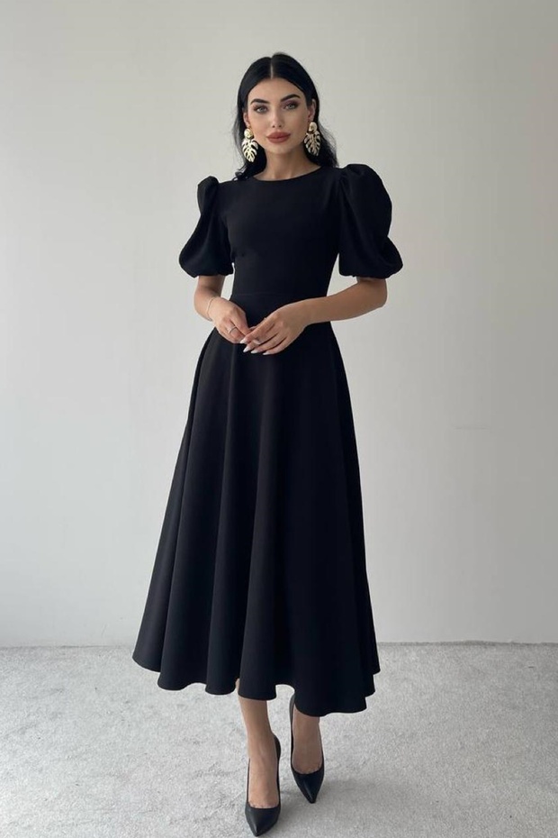 Women's Atlas Fabric Round Neck Princess Sleeve Flared Cut Midi Length Black Evening Dress 220