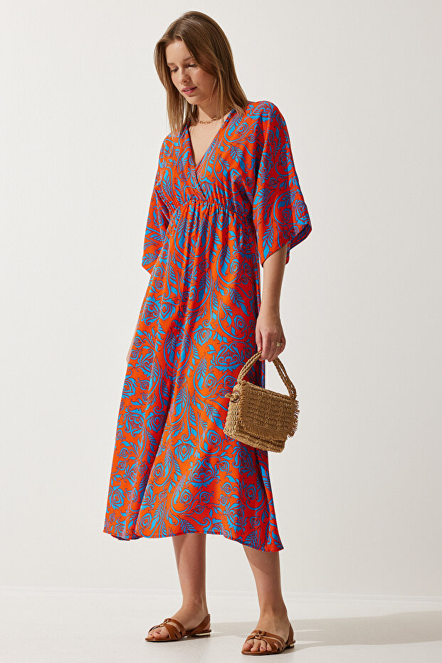 Women's Orange Blue Wraped Collar Patterned Summer Viscose Dress DK00166