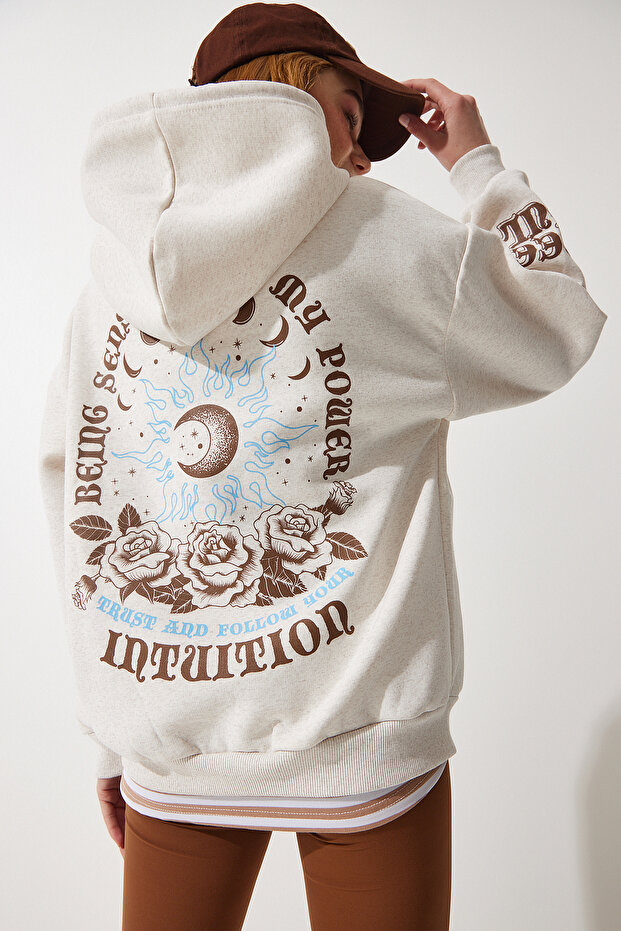 Women's Beige Hooded Knitted Sweatshirt UB00251