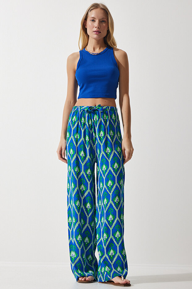 Women's Blue Green Patterned Flowing Viscose Palazzo Trousers EN00606