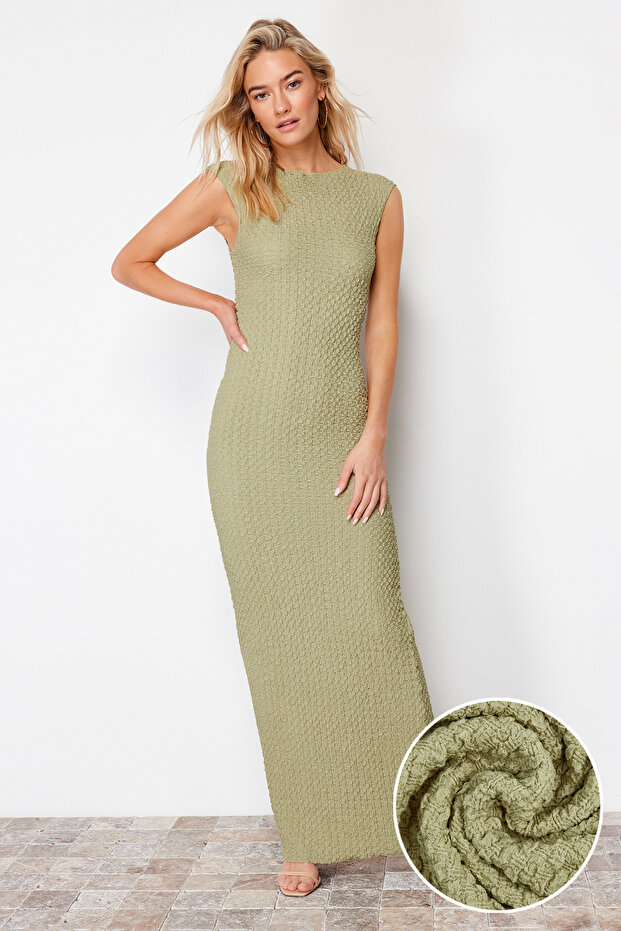 Haki Dokulu Kumaş Fitted/Vücuda Oturan Ay Kol Esnek Örme Midi Kalem Elbise TWOSS24EL00103 - 1