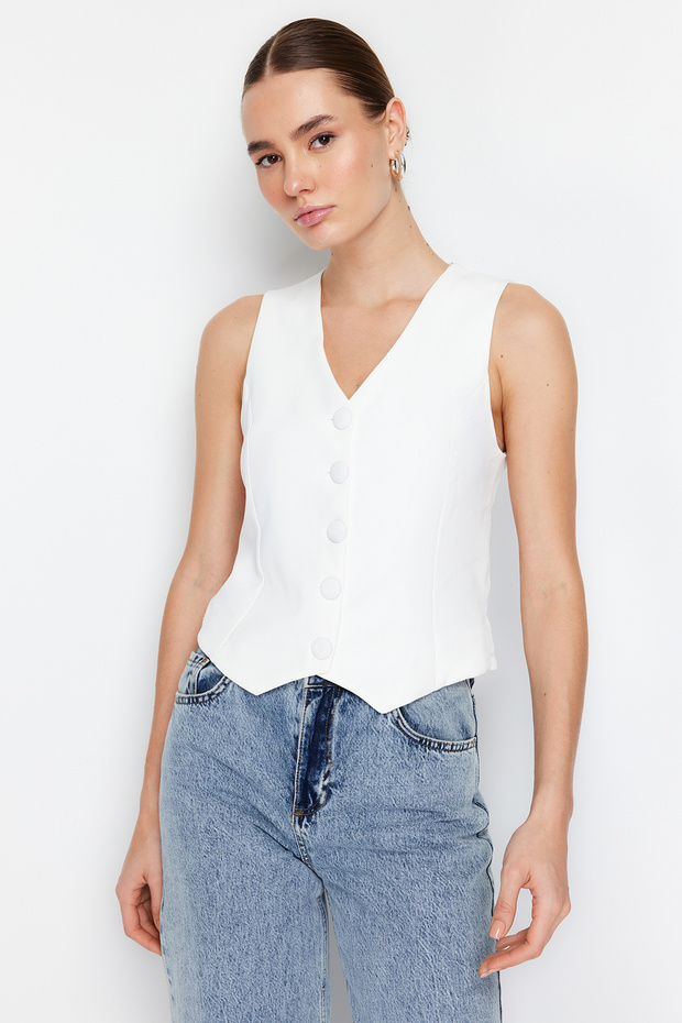 Beyaz Fitted Fitted Düğmeli Crop Dokuma Yelek TWOSS21YE0009 - 2