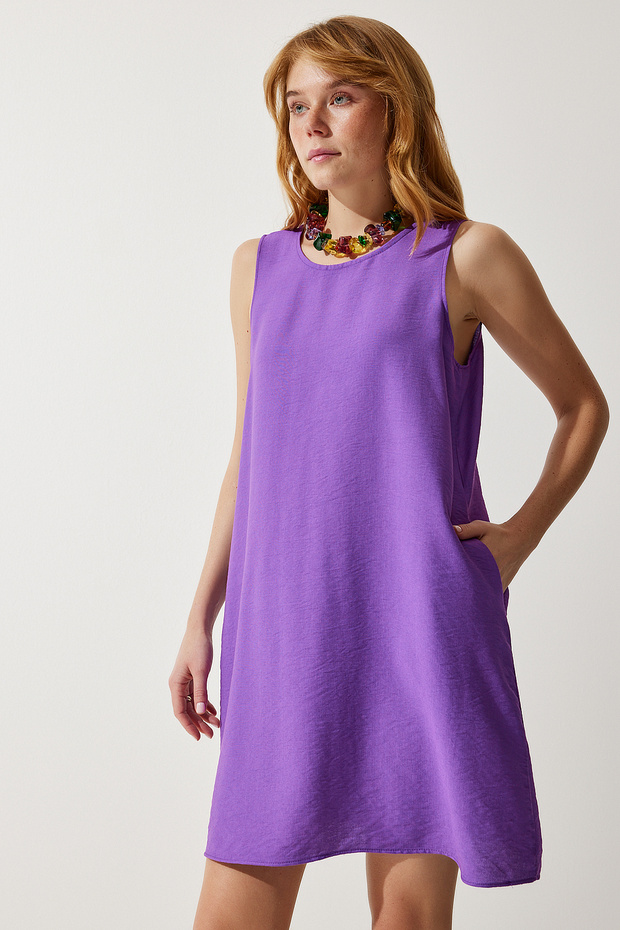 Women's Purple Sleeveless Linen Viscose Bell Dress JH00005