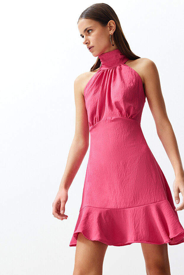 Pembe Halter Yaka A Kesim Mini Dokuma Elbise TWOSS21EL1538 - 3