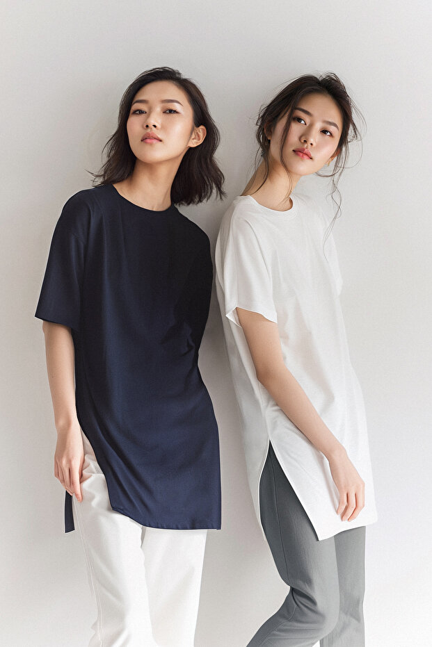 Lacivert-Beyaz 2'li Paket Yırtmaç Detaylı Bisiklet Yaka Basic Örme T-Shirt TCTSS21UK0009 - 1