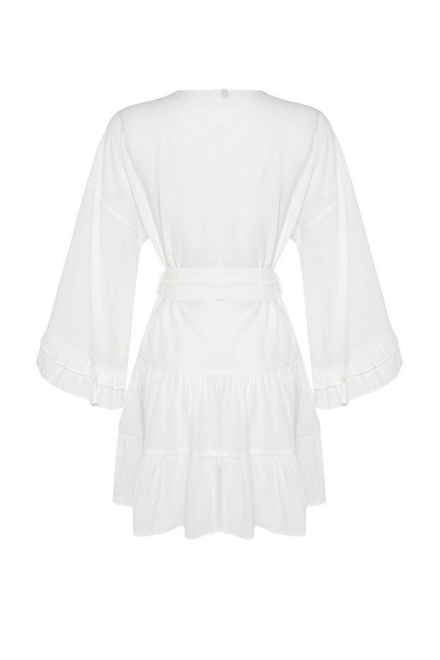 Plaj Giyim Beyaz Dokuma Fırfırlı Kuşaklı Mini Kimono&Kaftan TBESS24KM00032 - 9