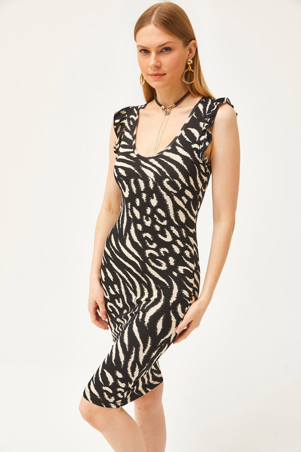 Women's Zebra Black V-Neck Shoulder Ruffle Crystal Viscose Dress ELB-19002060