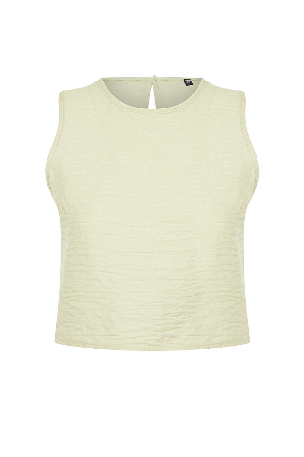 Açık Haki Kolsuz Crop Dokuma Keten Görünümlü Bluz TWOSS22BZ0246 - 7