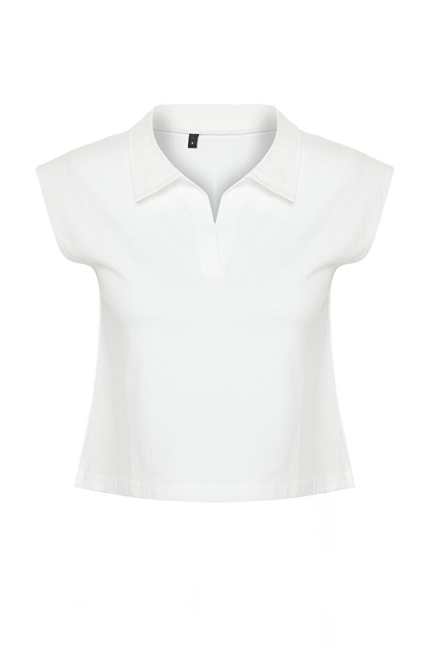 Ekru %100 Kalın Pamuklu Polo Yaka Regular/Normal Kalıp Örme T-Shirt TWOSS24TS00075 - 7