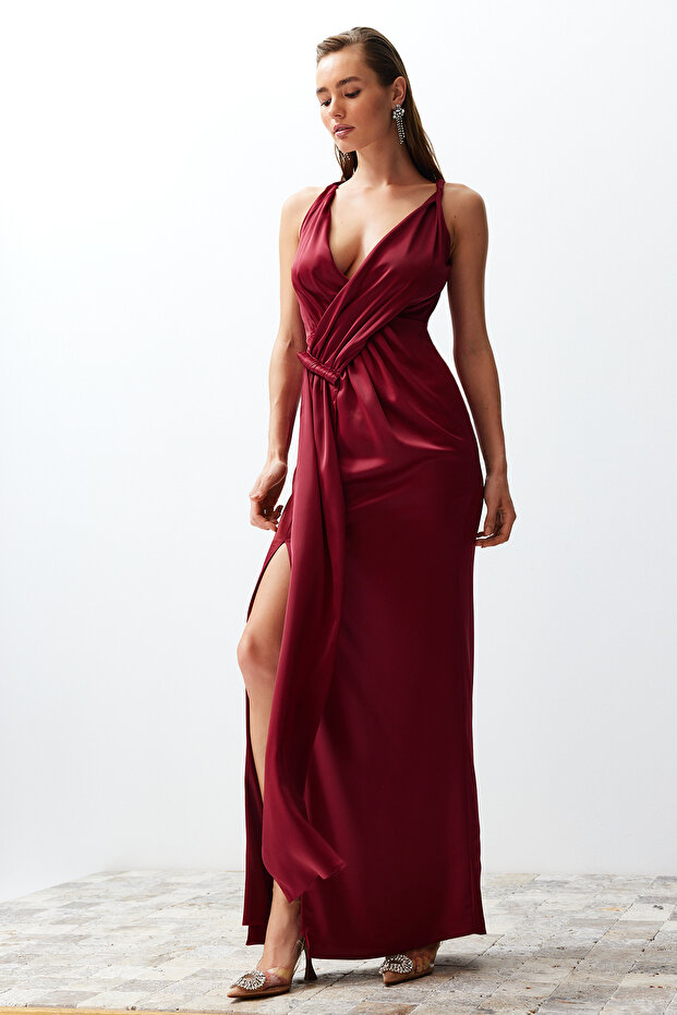 Bordo Dokuma Saten Uzun Gece Abiye Elbise TPRSS24AE00038 - 1