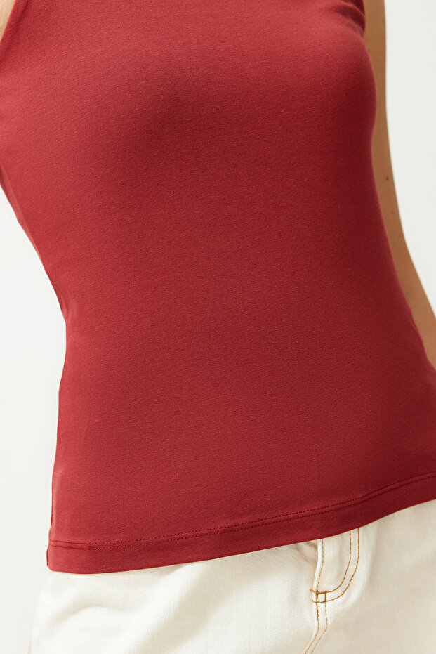 Kiremit Pamuklu Halter Yaka Fitted/Vücuda Oturan Esnek Örme Atlet TWOSS23AL00069 - 5