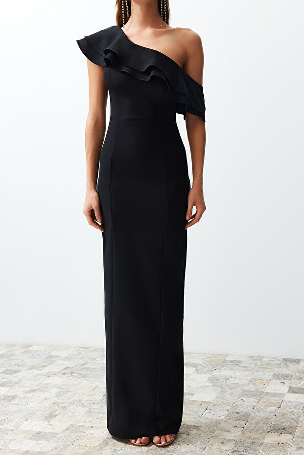 Fekete testet átölelő, szőtt, elegáns estélyi ruha, hosszú ruha TPRSS24AE00066 - 5
