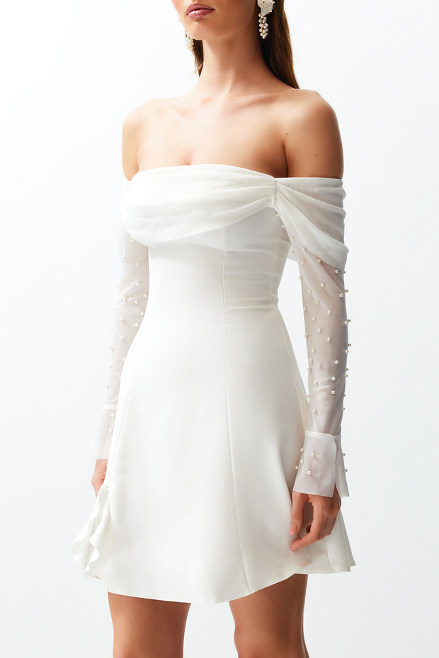 Bridal Beyaz A-Kesim Astarlı Dokuma Kısa Düğün/Nikah Abiye Gece Mezuniyet Elbisesi TPRSS24EL00117 - 10